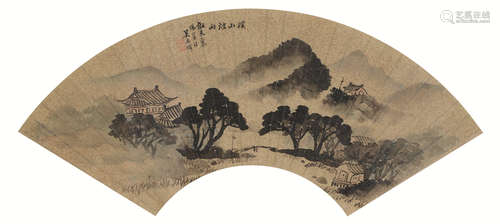 吴石僊（1845～1916） 溪山烟雨 扇面 镜心 设色绢本