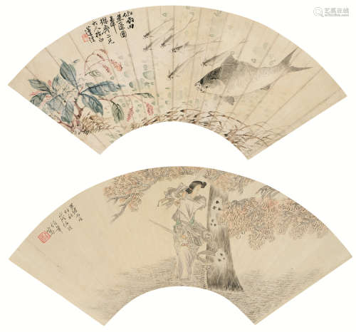 莲溪 任伯年（1816～1884） 渔藻图 仕女舞剑 扇面 （二幅） 镜心 设色纸本