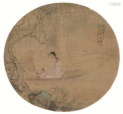 潘镛 （1894～1951） 柳下行舟 圆光 镜心 设色绢本