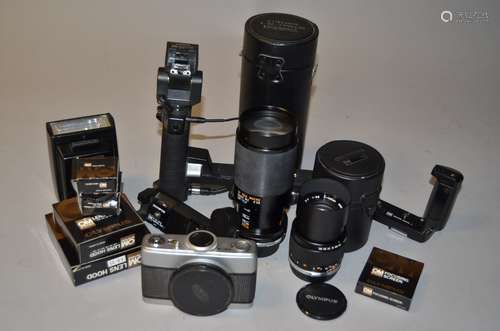 A Tray of Olympus Equipment, including a Olympus C-35 Microscope camera, shutter not working, a OM-