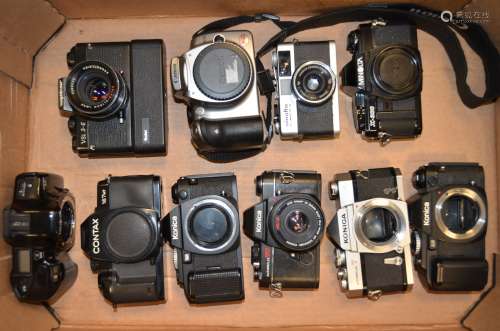 A Tray of Konica and Other SLR Bodies and Cameras, including Konica Autoreflex T body and TC camera,