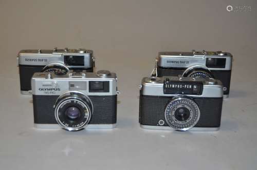 Olympus Compact 35mm Cameras, a Olympus 35 RC rangefinder camera, an Olympus Pen EE-3 half frame