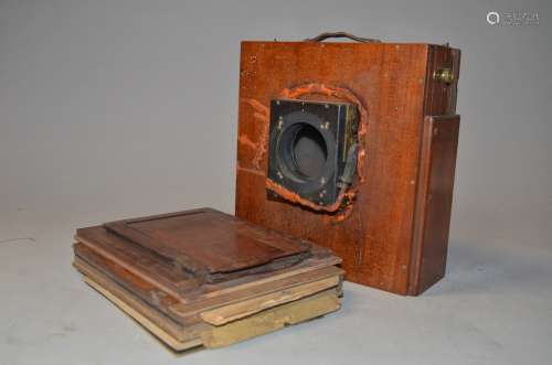 A Mahogany & Brass Half Plate Tailboard Camera, replacement rigid front, missing lens, with