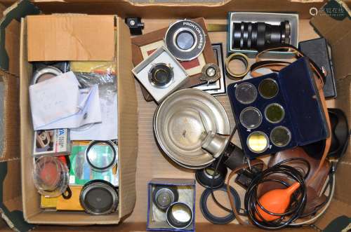 A Tray of Camera Accessories, including a box of assorted filters, lens hoods, cable releases, a