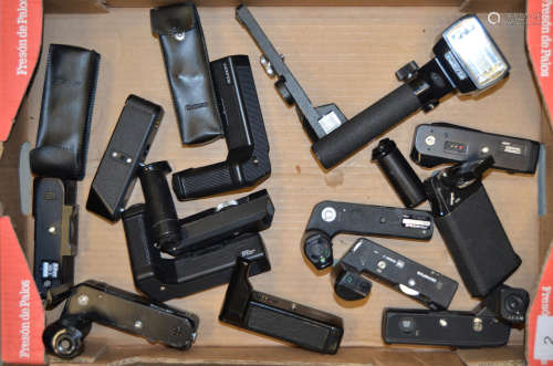 A Tray of Motor Drives and Power Winders, including Canon, Contax, Jessops for Olympus, Nikon,