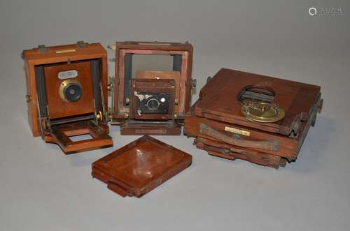 Three Lancaster Mahogany Plate Cameras, a Le Merveilleux camera, a Le Meritoire camera in pieces and