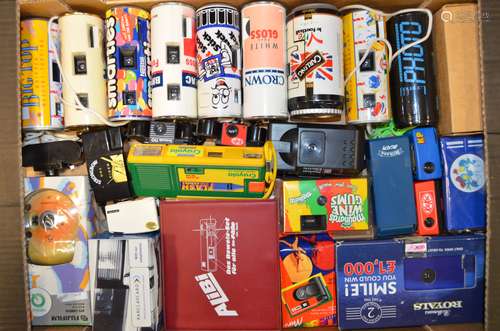 A Box of Novelty and Advertising Cameras, including; Barclaycard, Carling, Crayola, Crown, Kit