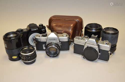 A Group of Minolta SLR Bodies and Minolta Lenses including SR-1 serial no 2377112, shutter working