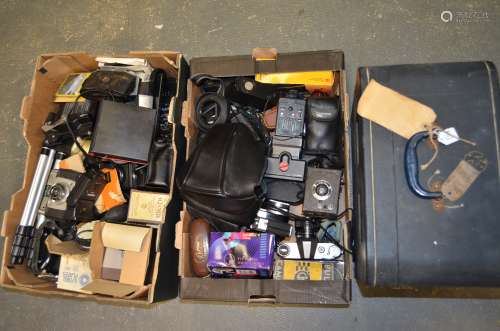 Two Trays of Cameras and Photographic Items, including BTH, Kodak, Kood, Ilford, Olympus, Rank