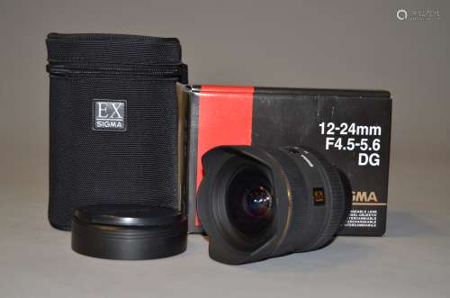 A Sigma EX 12-24mm f/4.5-5.6 DG HSM Lens, serial no 1025886, for Nikon AF D mount, barrel VG,