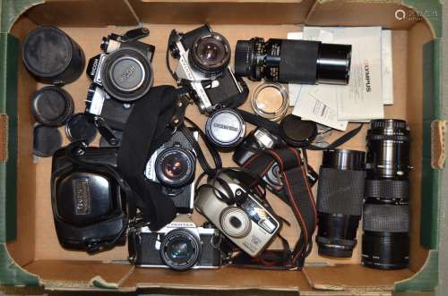 A Tray of SLR Film Cameras and Lenses, including Canon Pellix, Fujica STX-1, Pentax ME Super (2