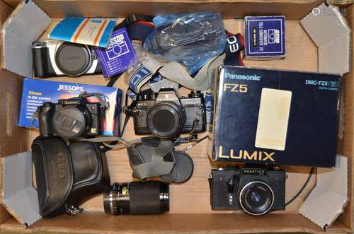 A Group of SLR and Compact Cameras, including Panasonic Lumix DMC-FZ5 boxed, Canon EOS 300 body,