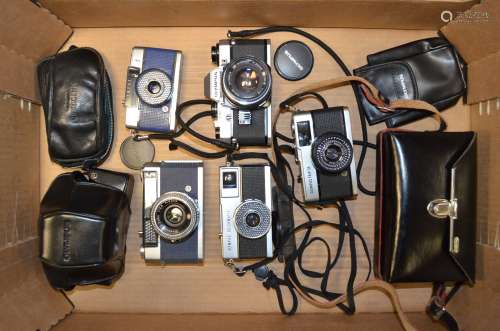 A Group of Olympus 35mm Cameras, a Range Finder EE camera, a Quickmatic EES 126 camera, a Pen EE