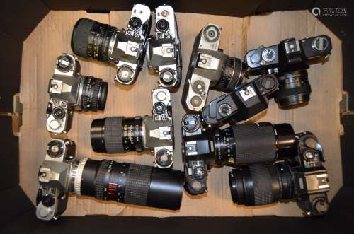 A Tray of Pentax SLR Cameras and Bodies, including ME Super (4 examples plus 1 body), Spotmatic F,