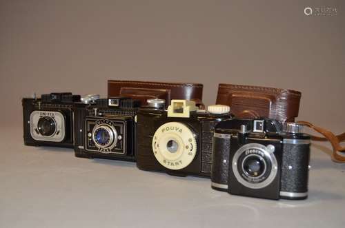 A Group of Bakelite Roll Film Cameras, a Whitehouse Beacon 3 x 4cm camera with maker's case, a Fex-