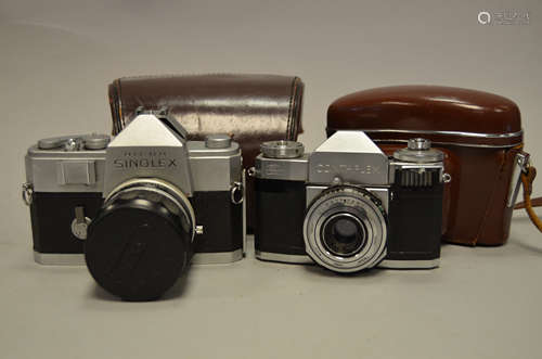 A Ricoh Singlex and Zeiss Ikon Contaflex SLR Cameras, a Ricoh Singlex body, shutter working, with