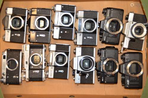 A Tray of Praktica and Zenit SLR Camera Bodies, including Zenit E, Zenit EM, Zenit TTL, Praktica