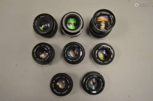A Selection of Prime Camera Lenses, including Olympus OM-System Zuiko, Nikon Nikkor and SMC Pentax-