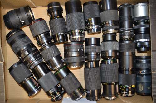 A Tray of Zoom Lenses, including Canon EF, Cosina,Hanimex, Kenlock, Miranda, Olympus, Optomax,