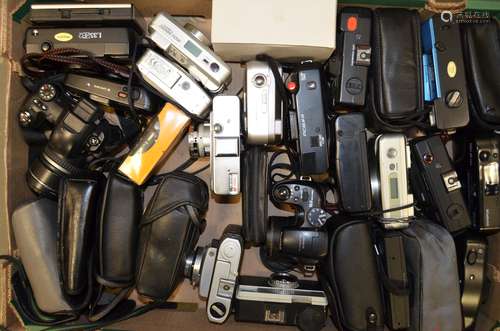 A Tray of Compact Film and Digital Cameras, including Canon Sure Shot M, Fujifilm, Halina