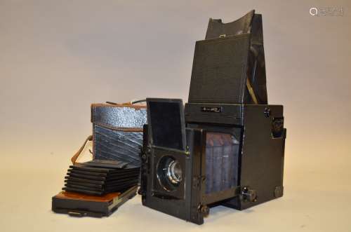 A Marion 3¼ x 4¼in Reflex Camera, with black leather-covered body, Ross (Mill Hill) Tessar Patent