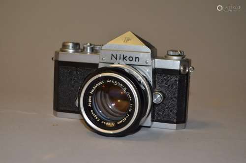 A Nikon F Eyelevel SLR Camera, chrome, serial no 6421244, with Nikkor-S 50mm f/1.4 lens, chrome,