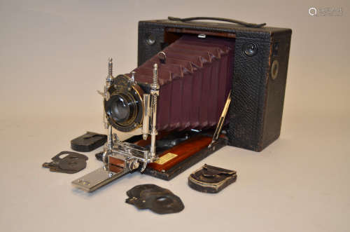 A No 4 Cartridge Kodak Camera, circa 1900, red bellows, f/4 lens, Kodak Automatic shutter working on