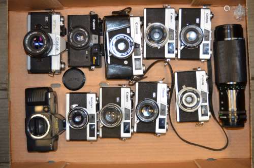 A Tray of Canon SLR and Canonet Cameras, including a Canon FtbN SLR, a Canon T70 SLR body, a Canonet