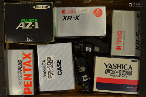 A Tray of Boxed and Unboxed SLR Camera Bodies, including Fujica AZ-1 body , Pentax Program Plus
