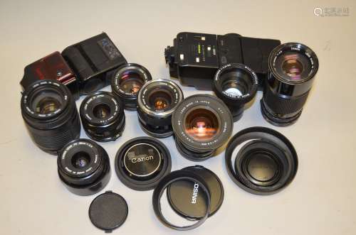 A Group of Canon FD Lenses, including 28mm f/2.8, 35mm f/2, 50mm f/1.4, 70-150mm f/4.5, a Cosina