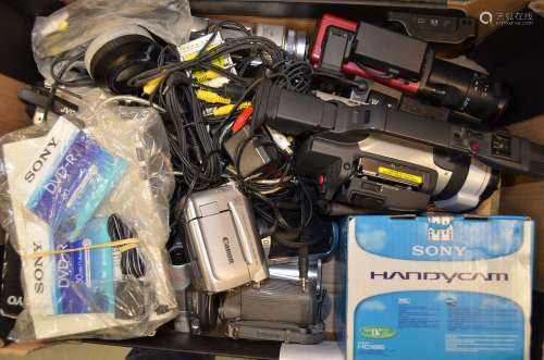 A Tray of Camcorders and Accessories, including Canon, JVC, Panasonic, Sanyo, Sony, some with boxes