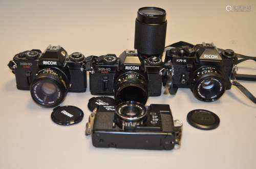 A Gadget Bag of Ricoh SLR Equipment, including a Ricoh KR-5 camera with Riconar 55mm f/2.2 lens,