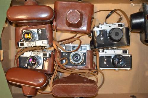 A Tray of Russian Rangefinder Cameras, including a Kiev 4A type 2 with a 50mm f/2 lens (2 examples),