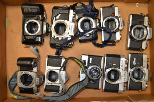A Tray of Japanese SLR Cameras, including Asahi Pentax, Minolta, Nikon and Yashica plus a Dacora