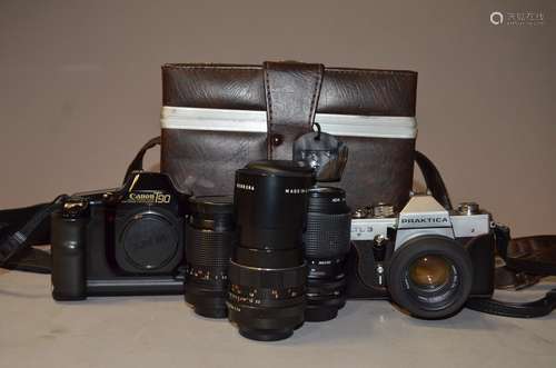 A Group of SLR Cameras and Equipment, including a Praktica LTL 3 with a Super Takumar 50mm f/1.4