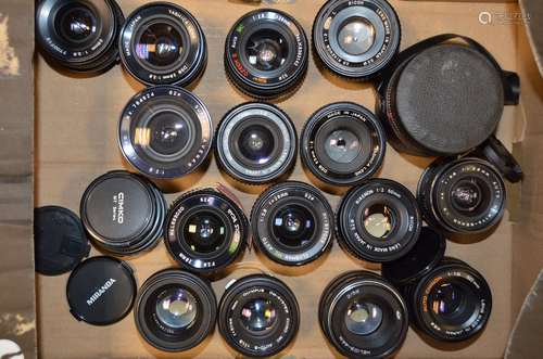 A Small Tray of Prime Lenses, including Chinon, Clubman, Cosina, Helios, Mamiya/Sekor, Optomax,