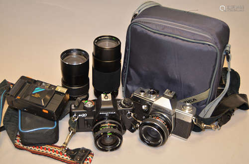 Two Praktica SLR Cameras and a Group of M42 Lenses, a Praktica MTL3 with a Carenar 35mm f/2.8