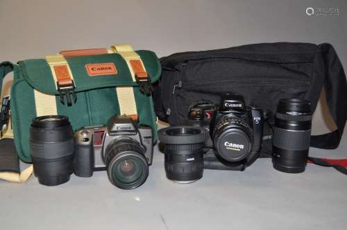 A Canon EOS 5 Camera and a EOS 10 SLR Camera, EOS 5, shutter working, vertical grip VG 10 a Canon EF