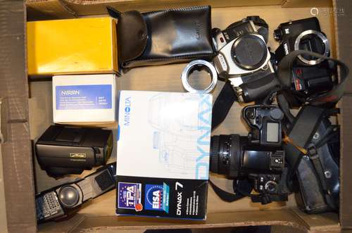 A Tray of SLR Bodies and Flashguns, including a Minolta Dynax 7 body in maker's box, Pentax