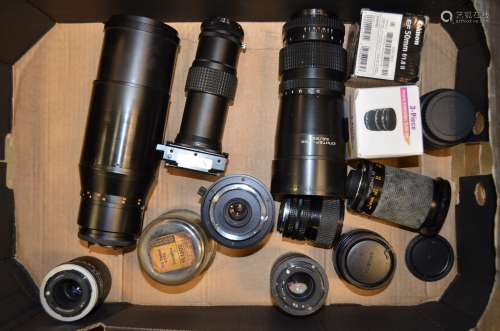 A Tray of Telephoto and Zoom Lenses, including Canon, Carl Zeiss, Nikon, Tamron, Russian, Sigma,