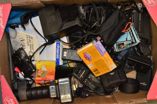 A Tray of Cameras and Accessories, including a Polaroid Sun 600 LMS camera, a Panasonic Lumix DMC-