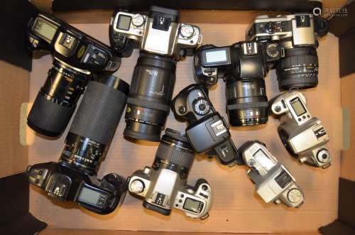 A Tray of Canon SLR Cameras and Bodies, including T90 (2 examples), EOS Elan IIE, 500N, IX, 1000F,