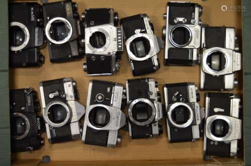 A Tray of Manual Focus 35mm SLR Camera Bodies, including Asahi Pentax, Canon, Edixa, Exakta, Fujica,