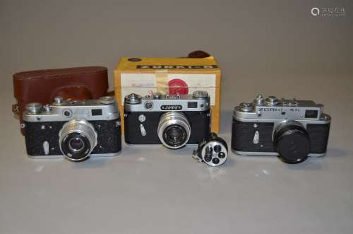 Three Russian Rangefinder Cameras, a Krasnogorsk Zorki 6, serial no 630022371, with Industar-50 50mm