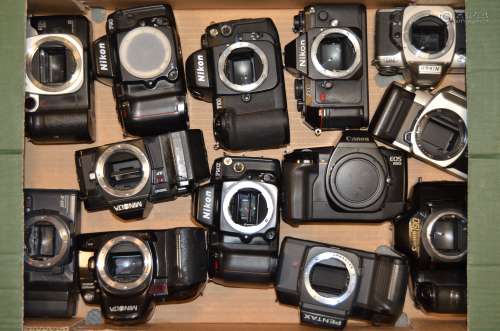 A Tray of 35mm SLR Camera Bodies, including Canon EOS, Minolta, Nikon, Pentax and Ricoh