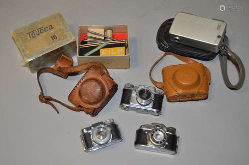 A Minolta-16 Sub-miniature Camera, serial no 542036, with case, together with a Toyoca 16 camera