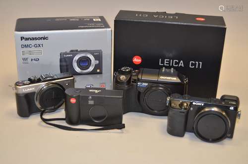 A Group of Compact Digital and Film Cameras, incl Leica C11 APS camera boxed, Olympus E-300 DSLR