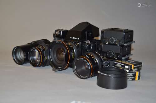 A Bronica SQ-Am Roll Film SLR Camera Outfit, including body, prism viewfinder, 120 film back,