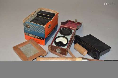 A Group of Vintage Photographic Film Processing Accessories, including a Watkins Time Thermometer in