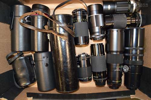 A Tray of Tele and Zoom Lenses with Cases, including Cosina, Pentax, Promura, Sigma, Soligor,